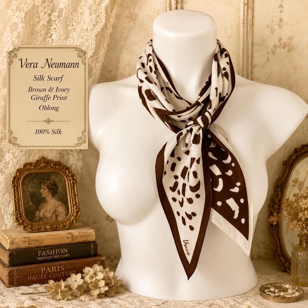 Vintage Vera Neumann 1970’s Silk Scarf Sash Brown Ivory Giraffe Print 7x56”